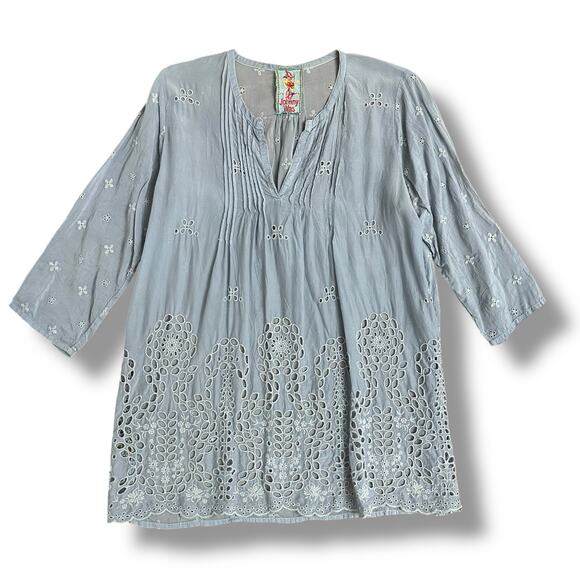 Johnny Was Tops - Johnny Was Slate Gray Eyelet Embroidered Tunic Top Boho Peasant Blouse Small